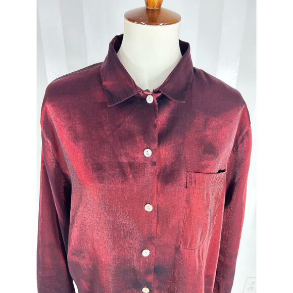 STUDIO WORKS Women’s Maroon Sateen Button Up Top Sz L - Picture 5 of 10
